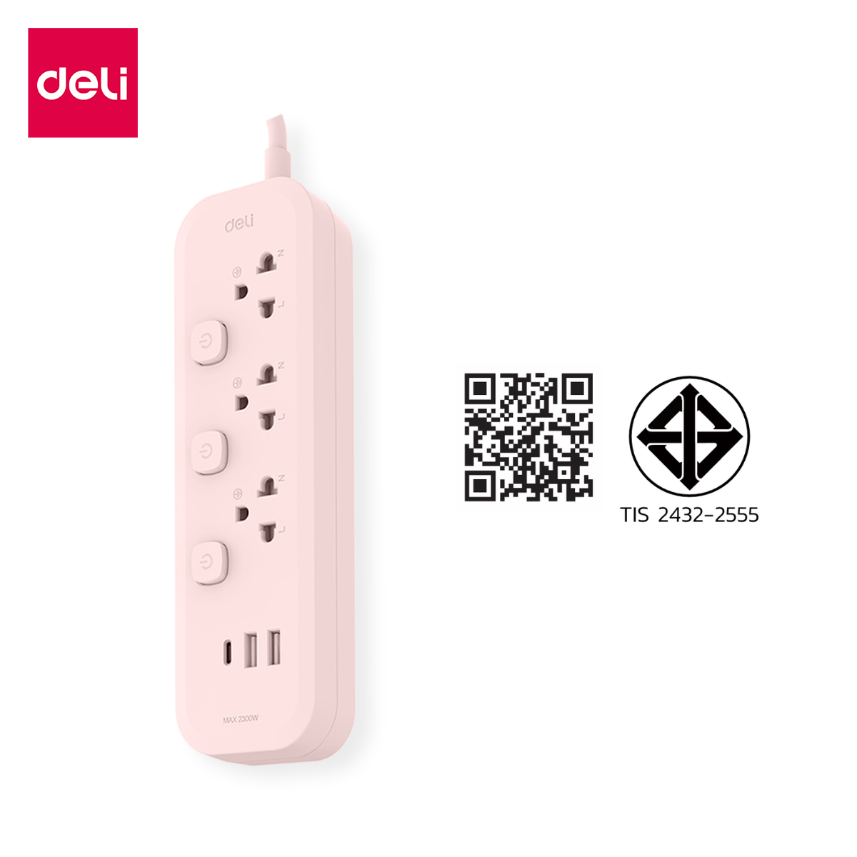รางปลั๊กไฟ 3 ช่อง 2USB 1TypeC Deli CT493-PK-01 ความยาวสาย 3 เมตร_0